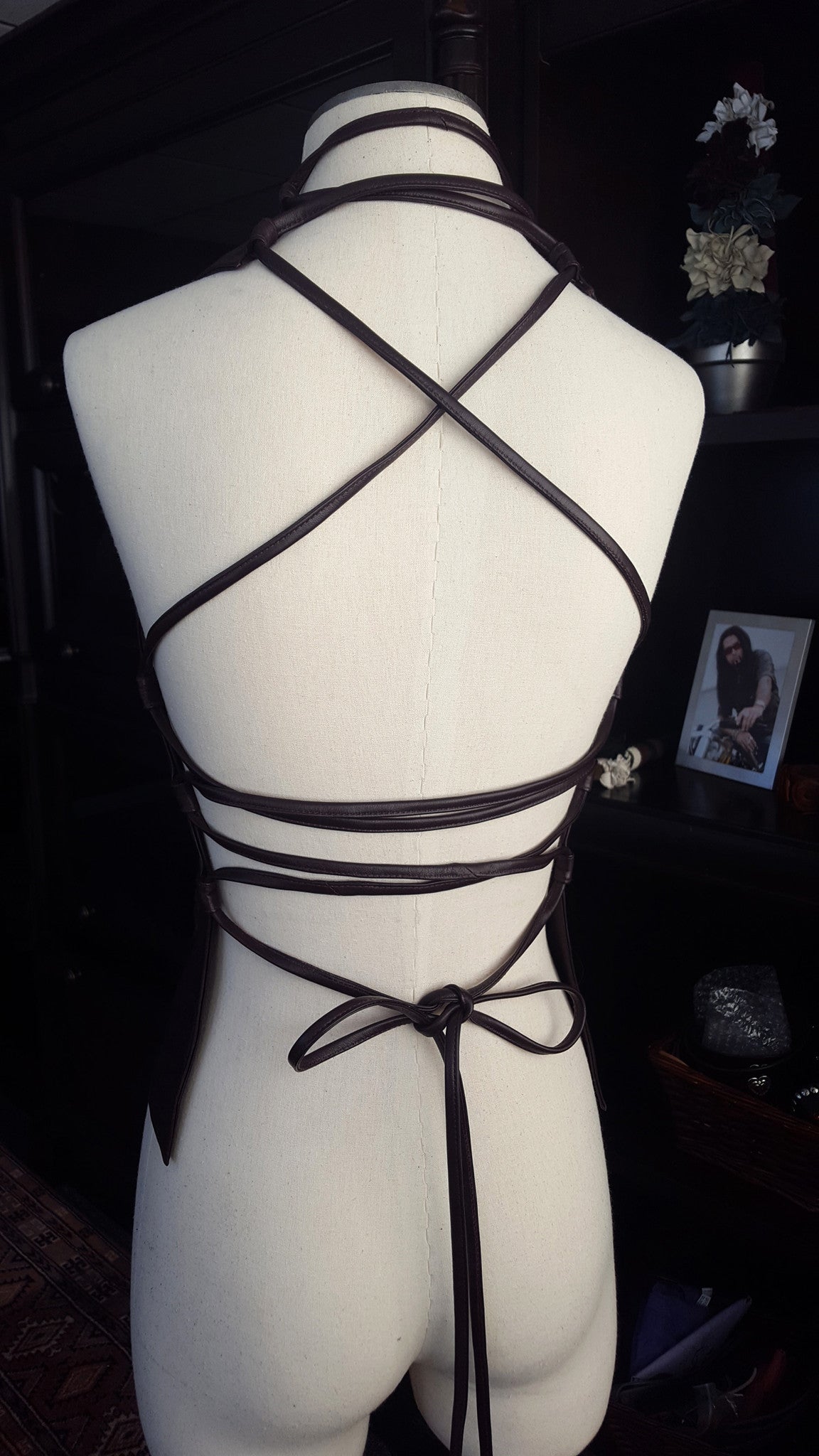 The back of the Heaven Lambskin backless Leather Halter Top - in eggplant leather lacing