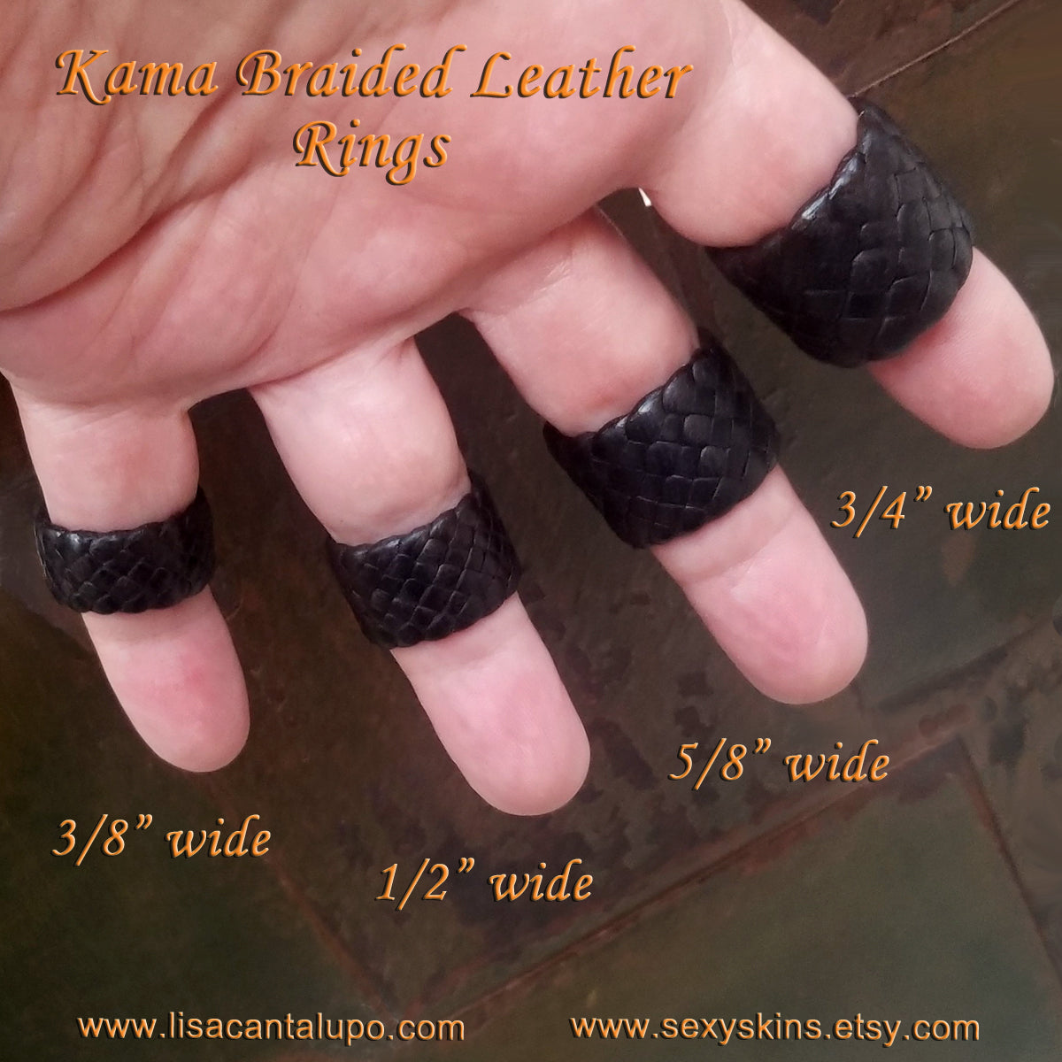 Kama Braided Leather Rings in the available widths; 3/8", 1/2", 5/8", and 3/4" on model