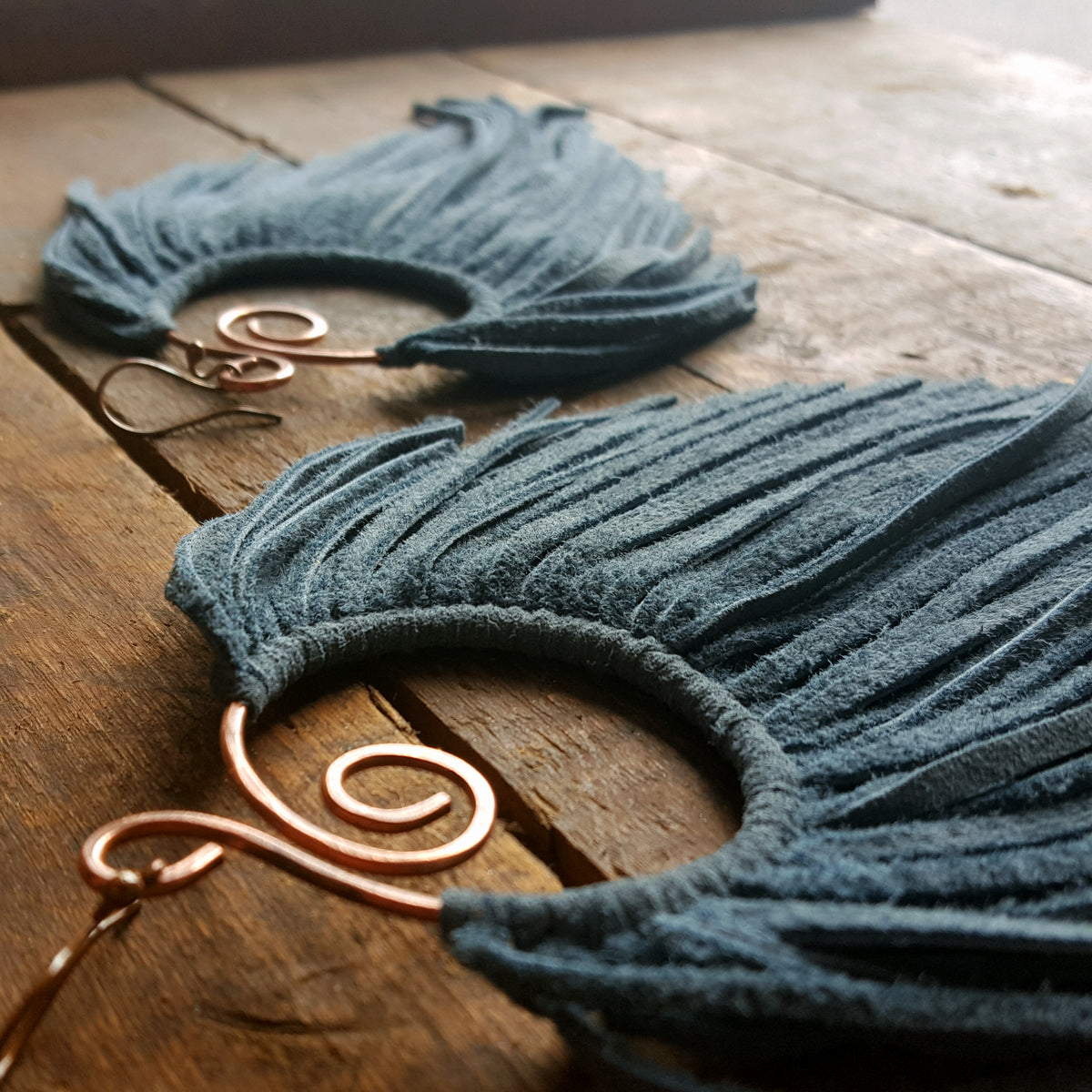 Denim blue Latifah Fringe Earrings - handmade artisan hoops