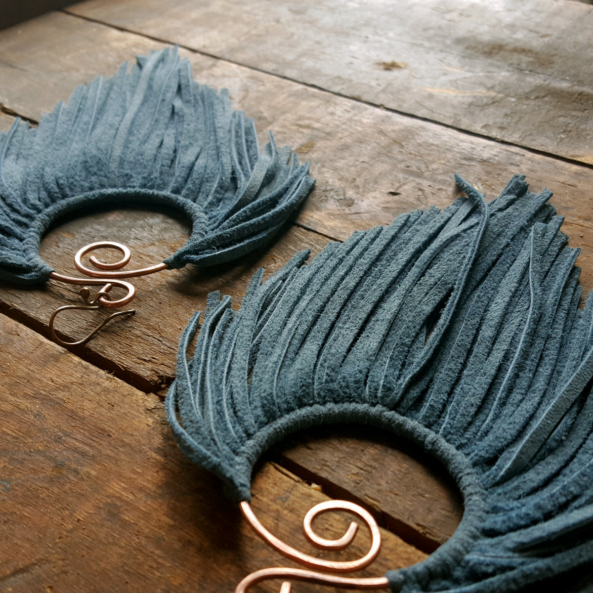 Latifah Fringe Earrings, Denim Goat Suede on handmade copper hoops
