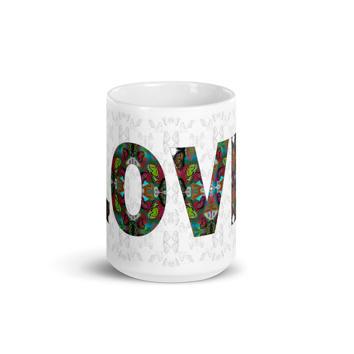 Love ~ LOVE ETERNAL Ceramic Mug; Colorful Butterflies Printed Words, Valentine's Day Gift