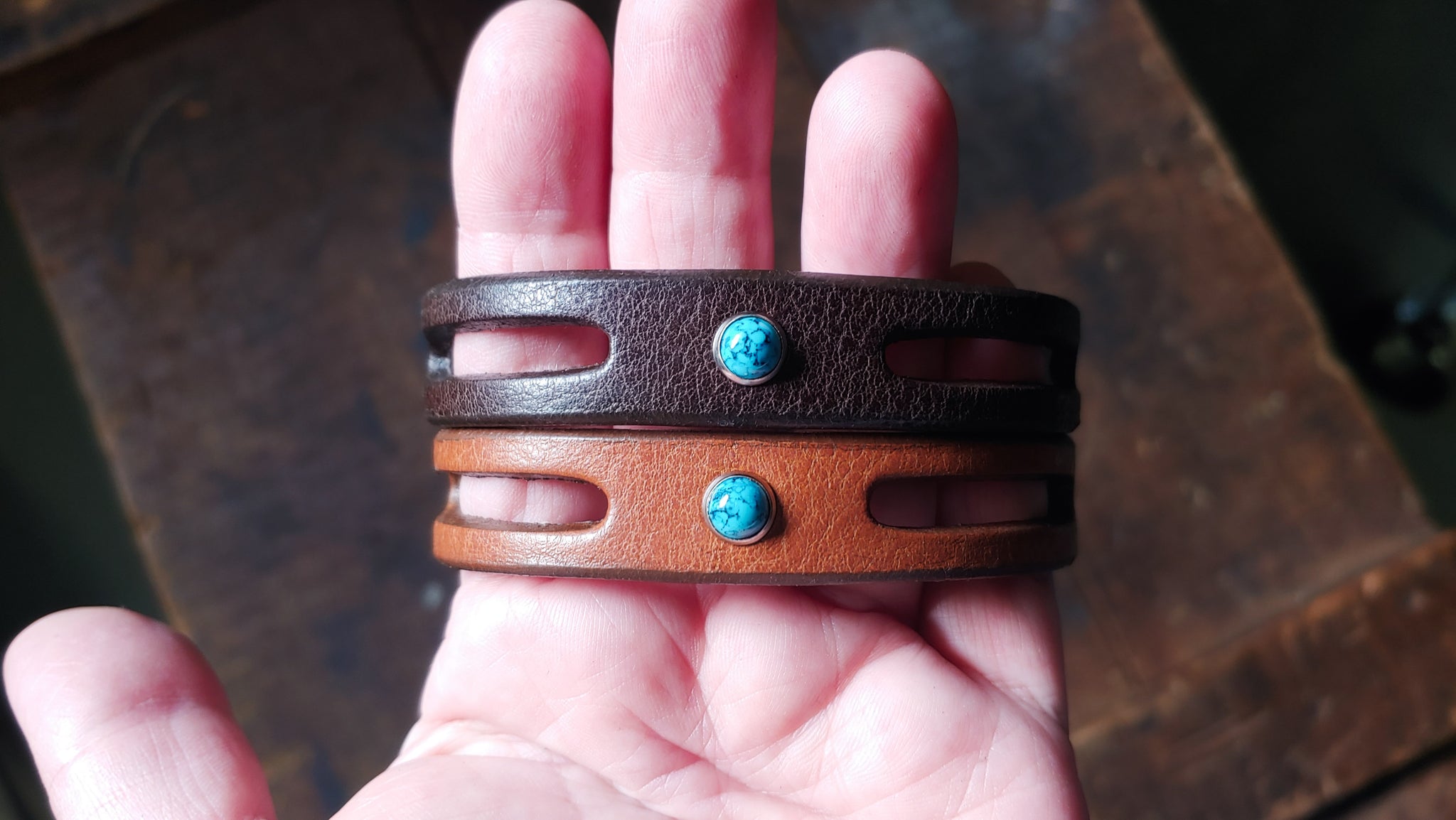 Lil Trinity Turquoise Leather Bracelet - Turquoise Stone Rivet Bracelet- SS1105