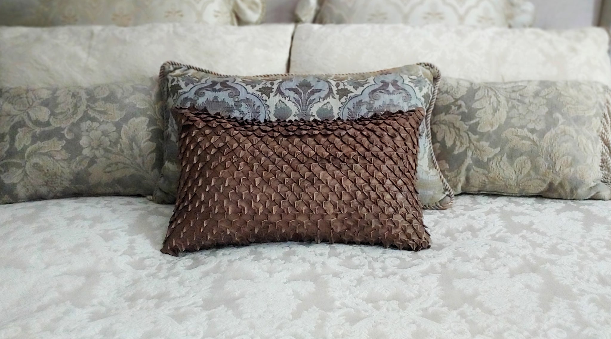 Leather Dragon Scales Decorative Pillow, Metallic Lambskin; Bronze, Silver, Gunmetal, White, 12 x 20 Designer Lumbar Pillow