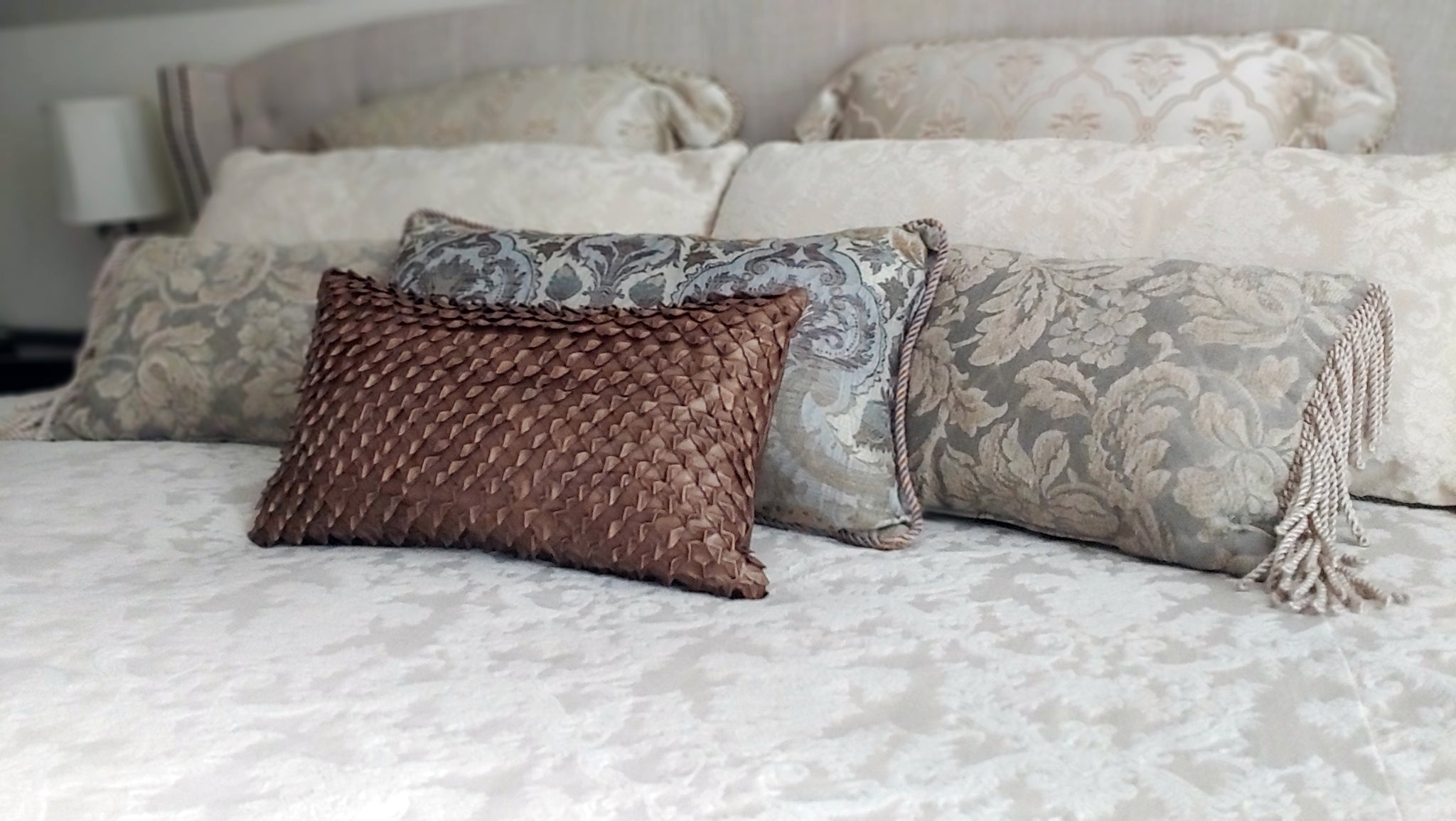 Leather Dragon Scales Decorative Pillow, Metallic Lambskin; Bronze, Silver, Gunmetal, White, 12 x 20 Designer Lumbar Pillow