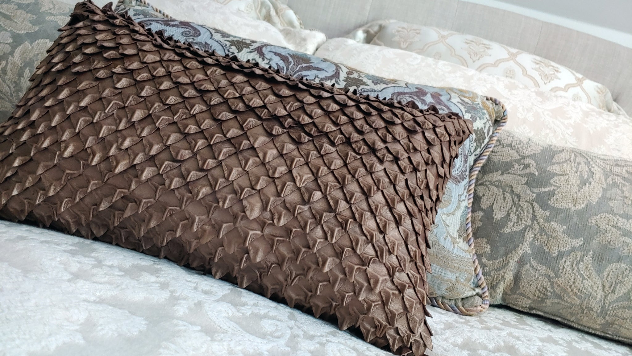 Leather Dragon Scales Decorative Pillow, Metallic Lambskin; Bronze, Silver, Gunmetal, White, 12 x 20 Designer Lumbar Pillow