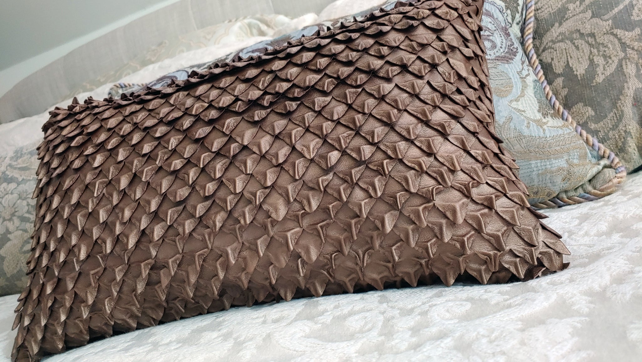 Leather Dragon Scales Decorative Pillow, Metallic Lambskin; Bronze, Silver, Gunmetal, White, 12 x 20 Designer Lumbar Pillow