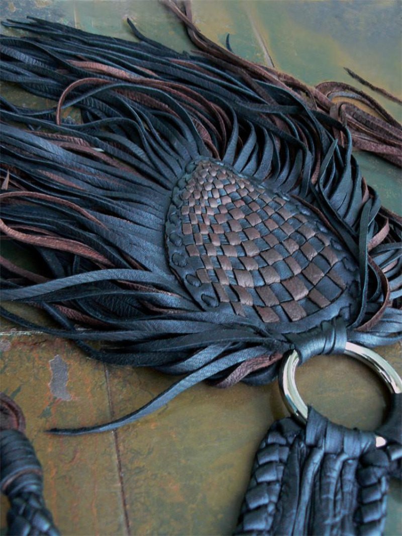 leather necklace; Black & Chocolate Tau Basketweave Luxury Leather Collar Statement Necklace close up