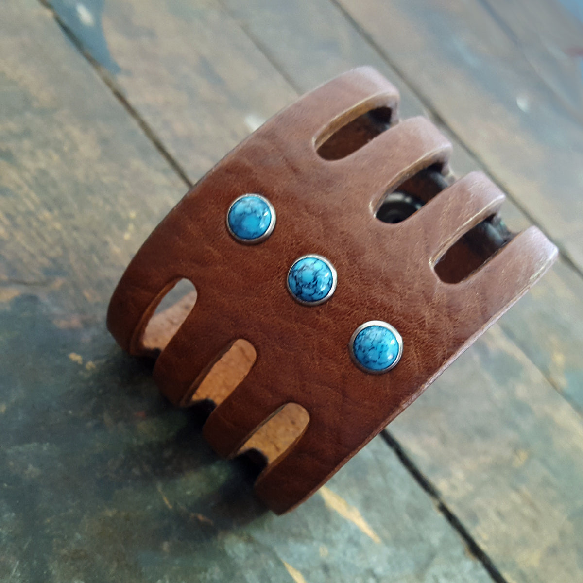 Trinity Wide Leather Cuff, Turquoise Stone Rivet Cuff Bracelet- SS1124