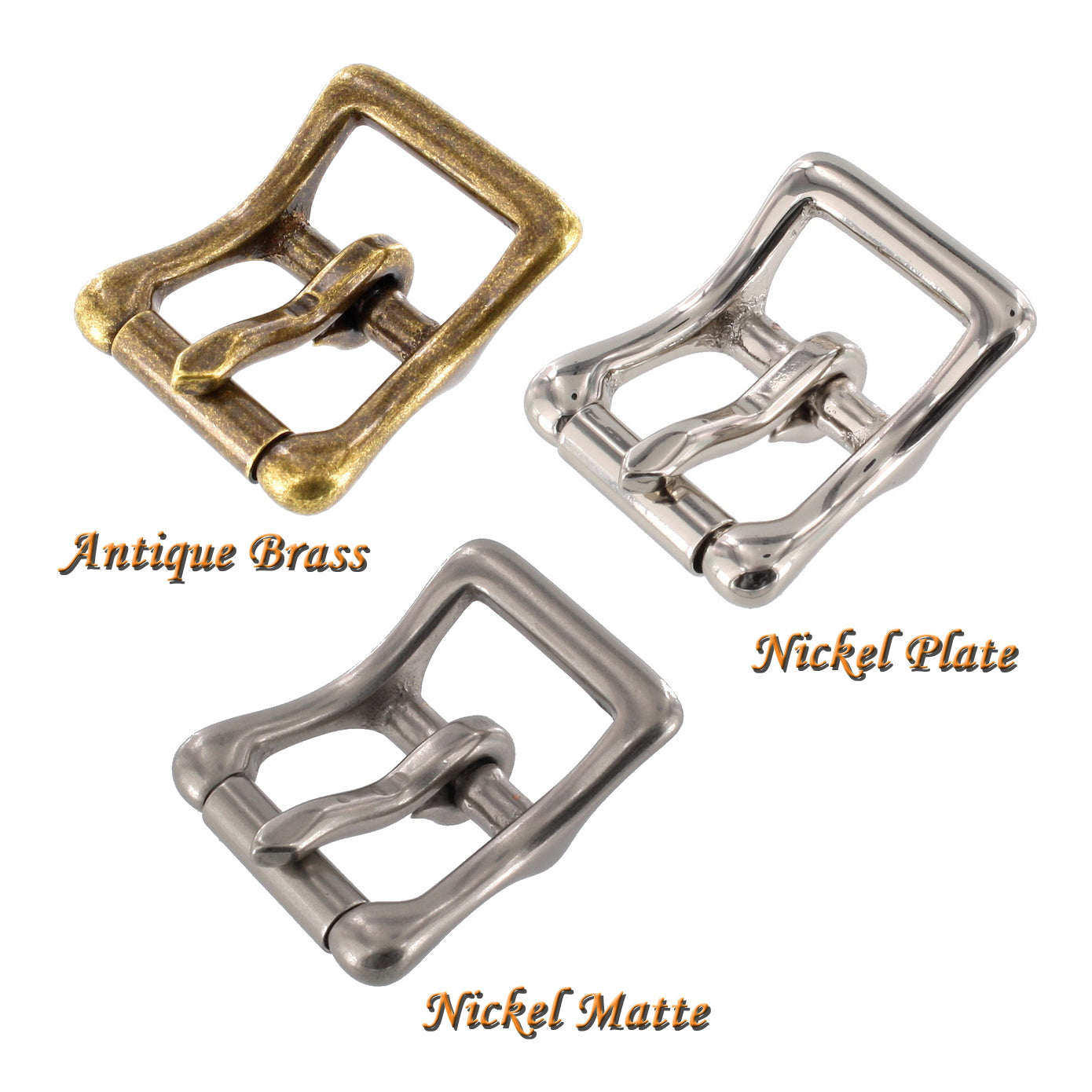 Buckle choices; Antique brass, Nickel Plate, and Matte Nickel