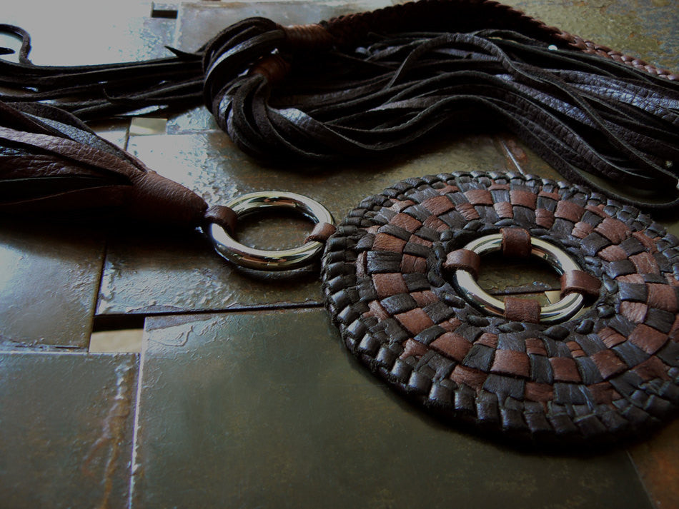 Zara Basketweave Pendant Braided Leather Statement Necklace mahogany and chocolate close up