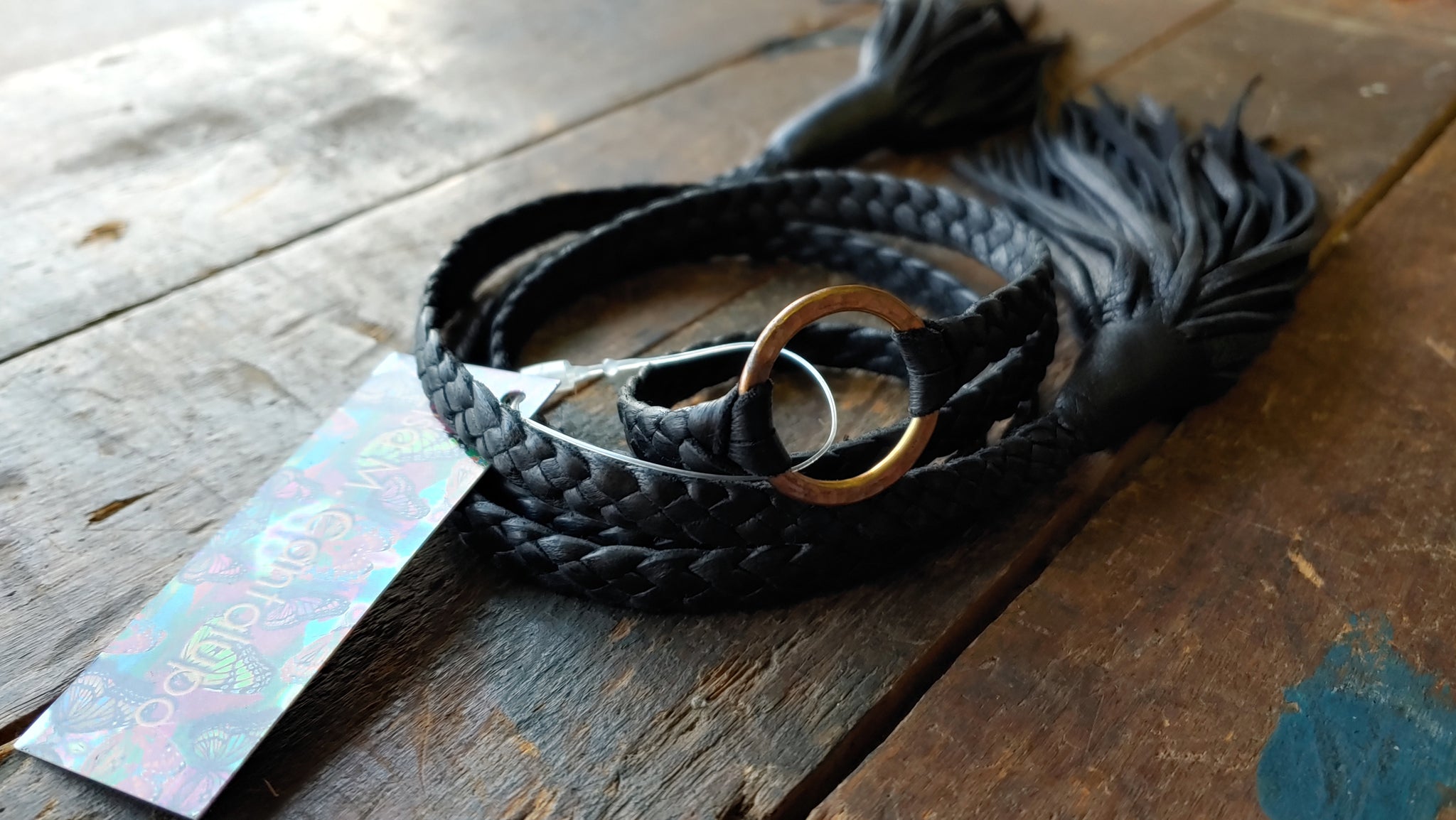 BLACK ~ Zyanya Braided Leather Choker with Antique Brass Eternity Hammered Ring