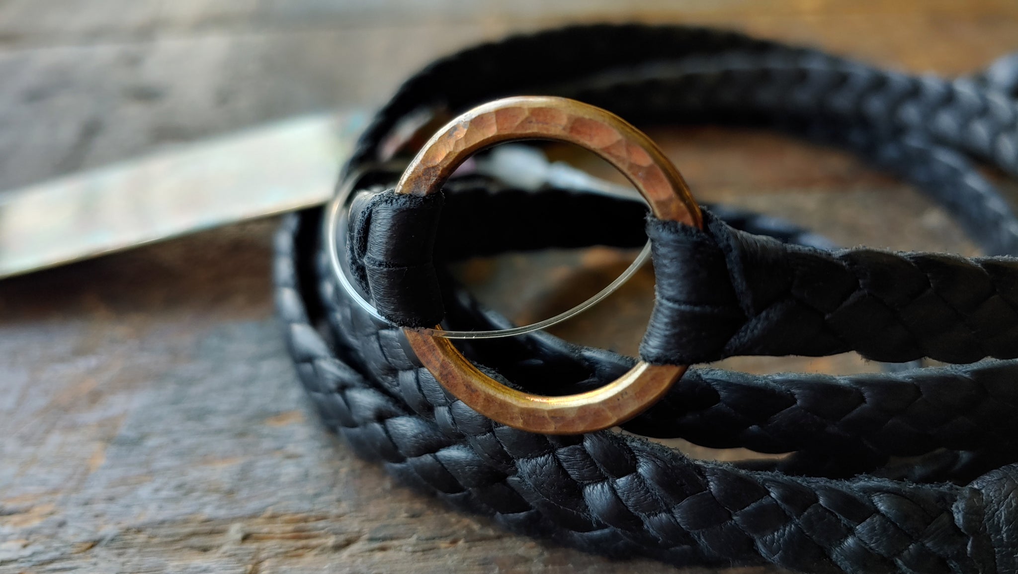 BLACK ~ Zyanya Braided Leather Choker with Antique Brass Eternity Hammered Ring