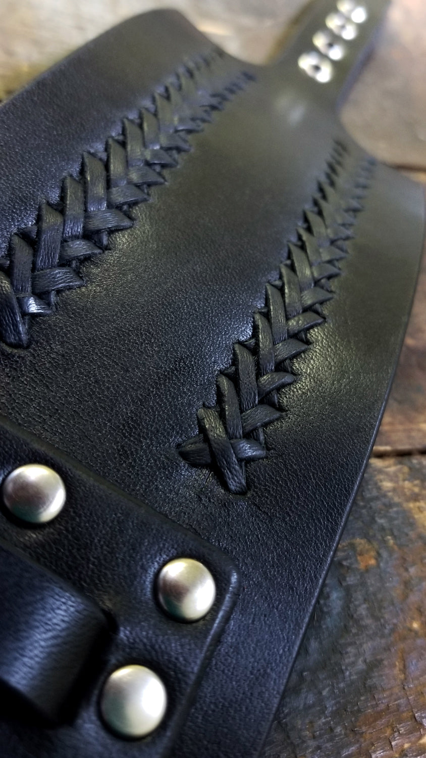 close up of the ladder hand lacing detail on Aga Men's Wide Leather Cuff