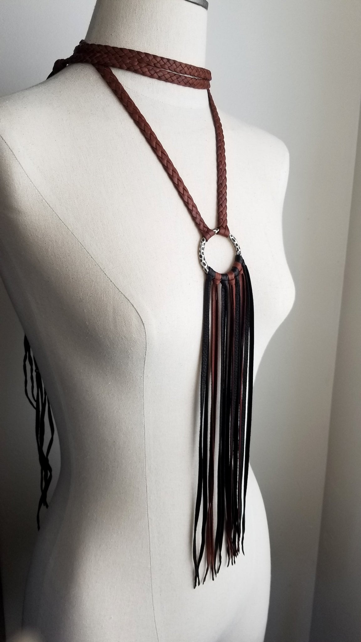 Aisha Bohemian Necklace - mahogany braided leather and black and mahogany fringe