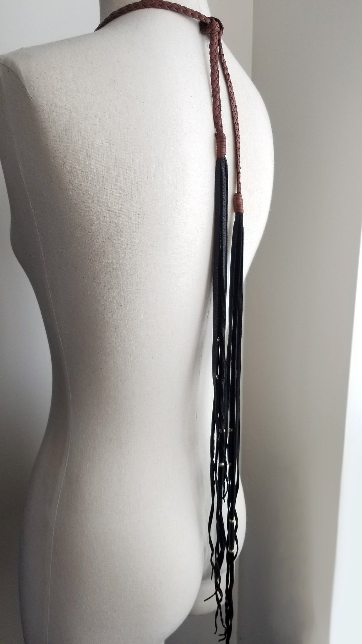 Long Black Leather Fringe Tassel Fringe with African Beads - back of Aisha Leather Necklace