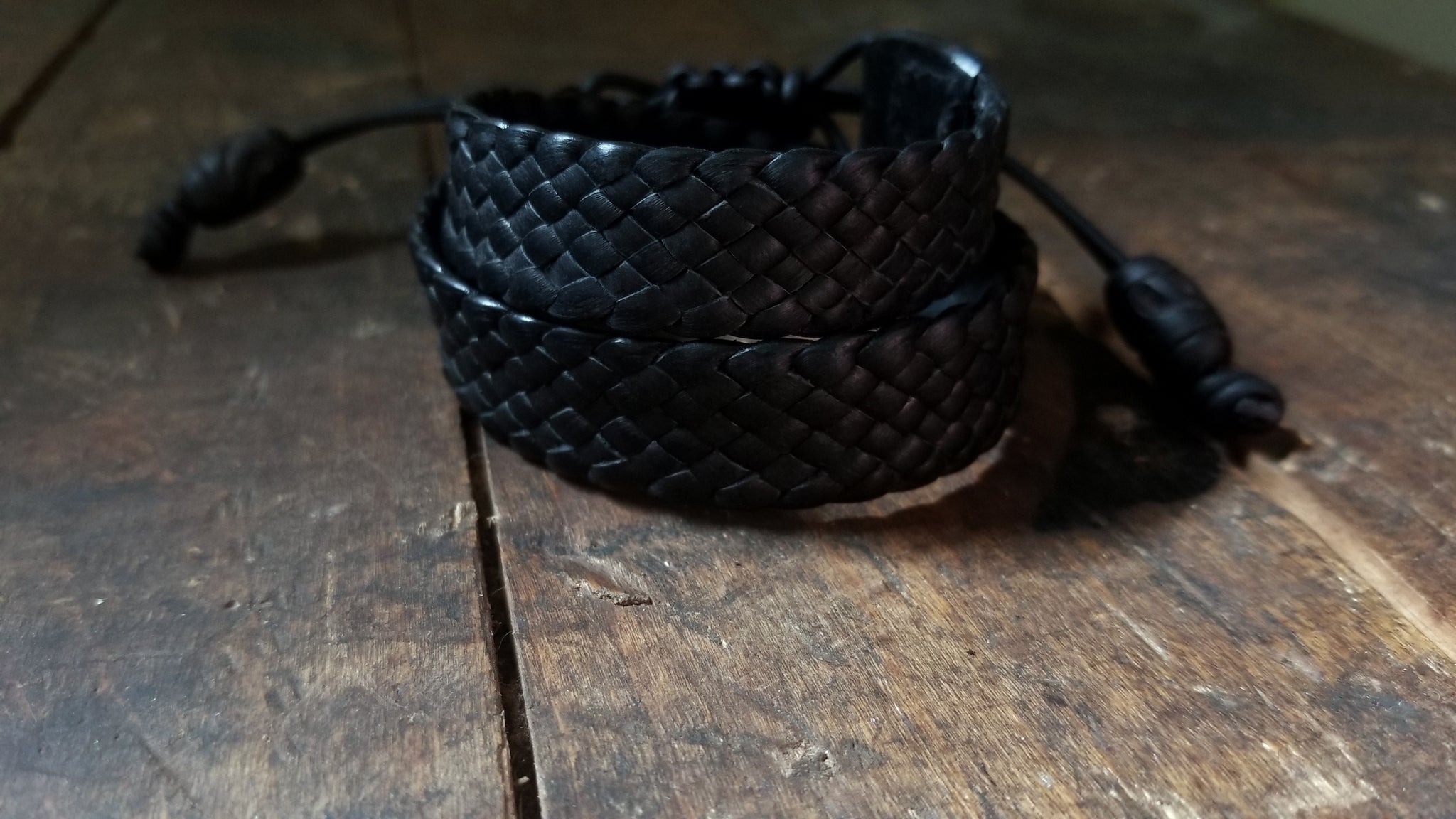 Braided Leather Double Wrap Bracelet, front view, black deerskin