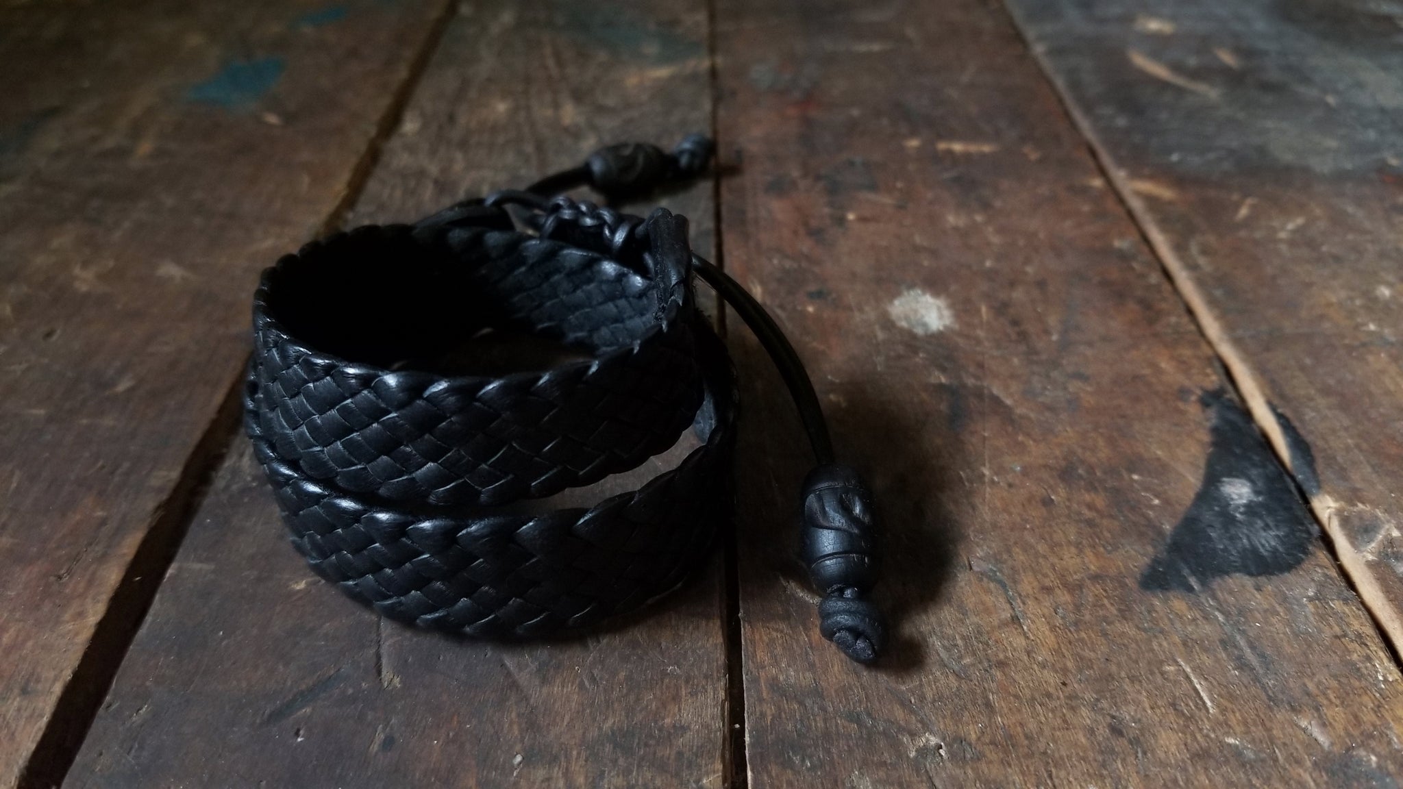 Braided Leather Bracelet,  wraps twice around the wrist, in black deerskin