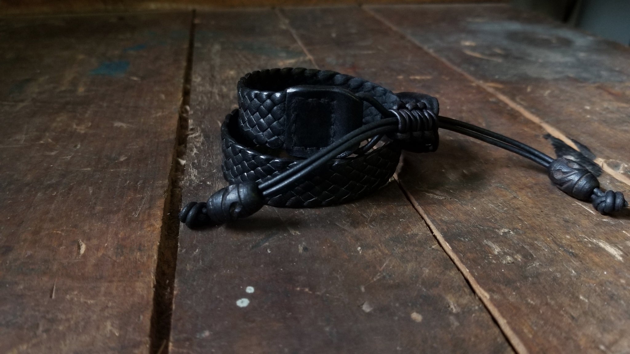 Braided Leather Cuff Bracelet, Double wrap wrist band, black