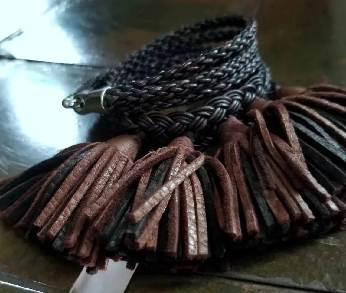 Anya Leather Tassel Wrap Bracelet, Braided Leath Cuff Bracelet with mini leather tassels