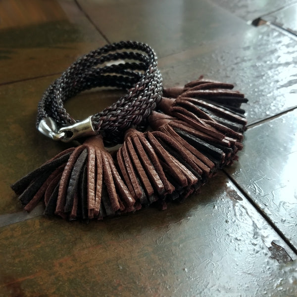 Anya Leather Tassel Bracelet, Braided Leather Wrap Cuff Bracelet with tassels