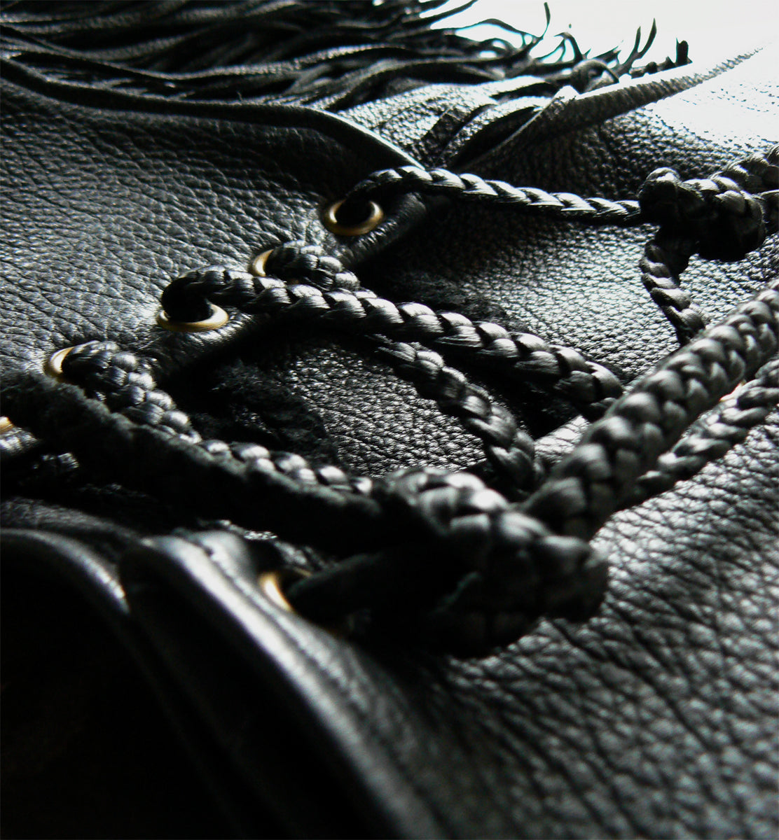 Kyra DEERSKIN Leather Fringe Lace-up Booty Shorts black close up