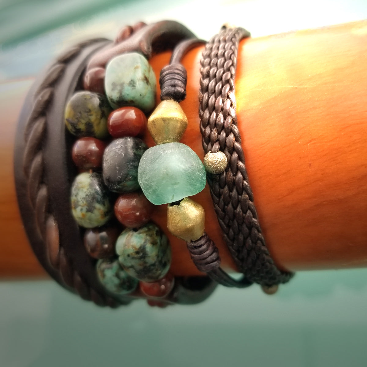 Jayla Aquamarine African Glass Beaded Adjustable Leather Bracelet