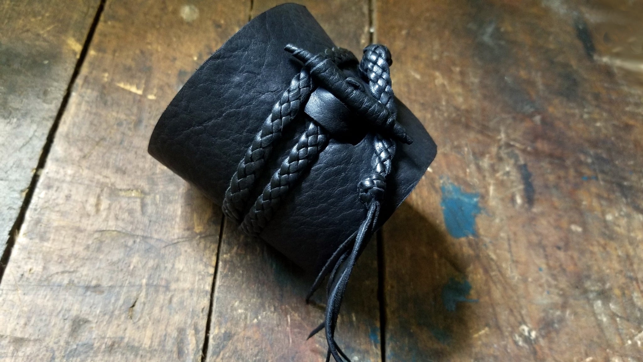 Busajja Bison Leather Wrap Cuff with Braided Deerskin Leather Ties & Bison Button in Black