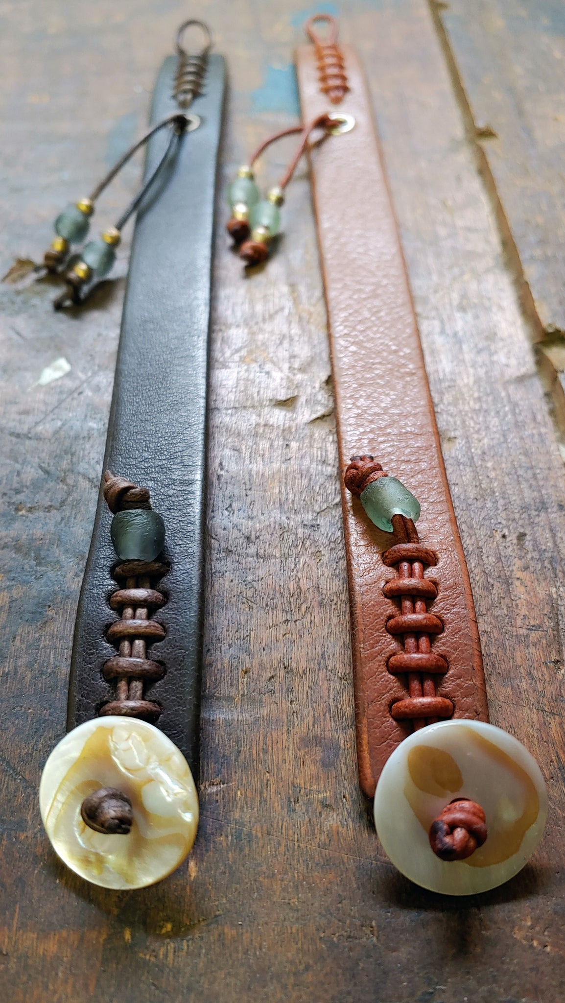 Cliff Booth (Brad Pitt) inspired bracelet in the color Tobacco with seagreen and silver African Beads and chocolate Brow w/ Denim Blue and Brass African Beads