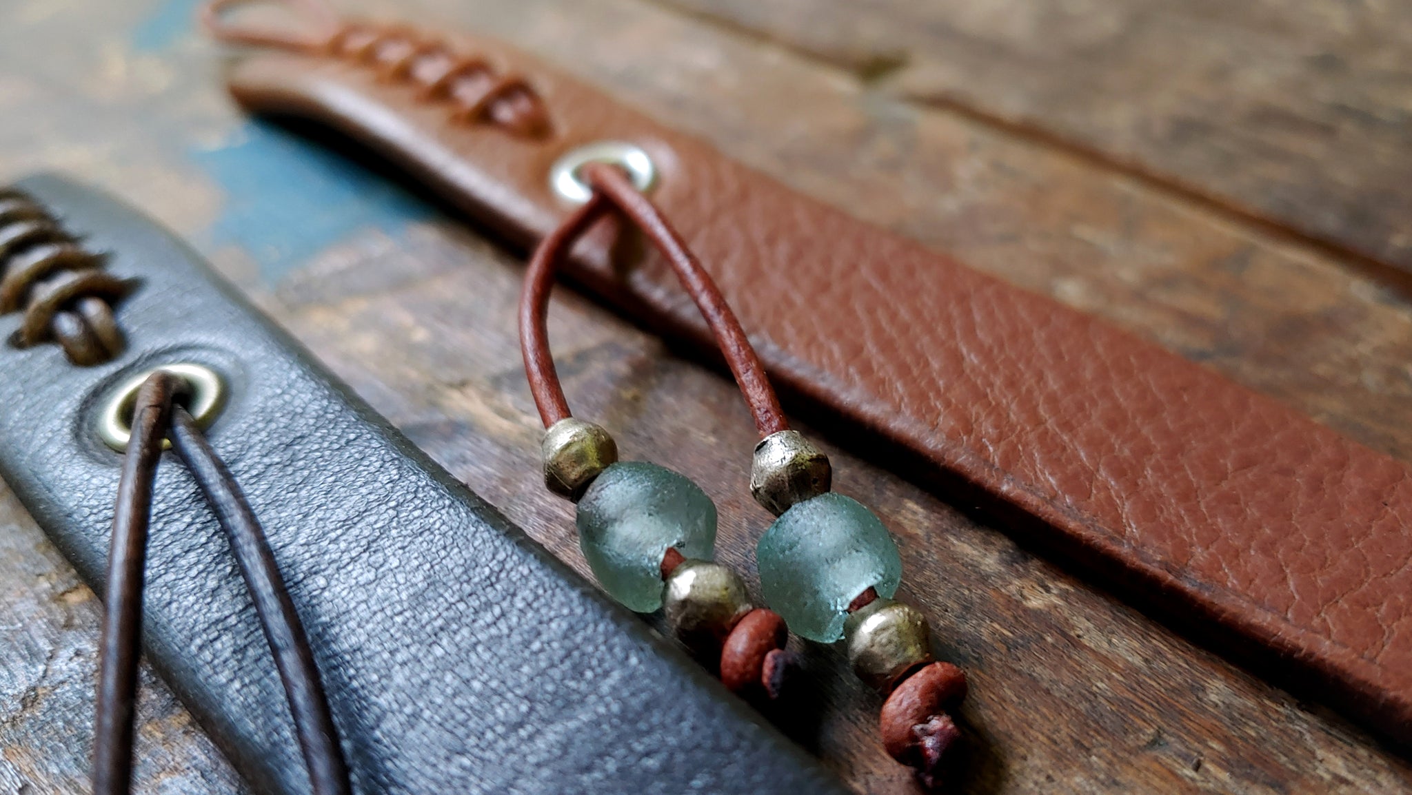 Cliff Booth (Brad Pitt) inspired bracelet in the color Tobacco with seagreen and silver African Beads and chocolate Brow w/ Denim Blue and Brass African Beads