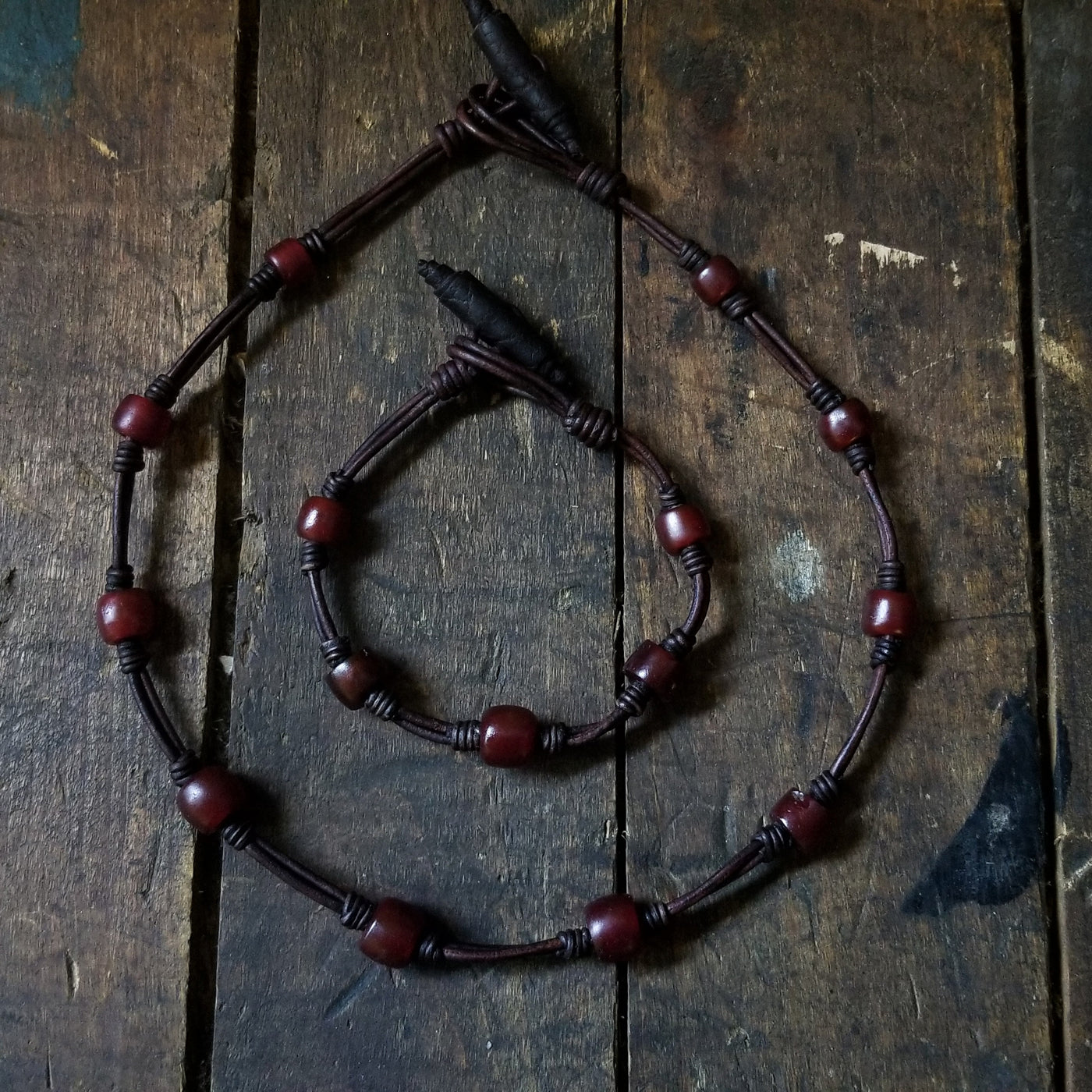 Chuma Necklace and Bracelet Set; antique chocolate brown leather cord with mahogany Brown African Trade Beads, Bison Leather Button and Loop Clasp