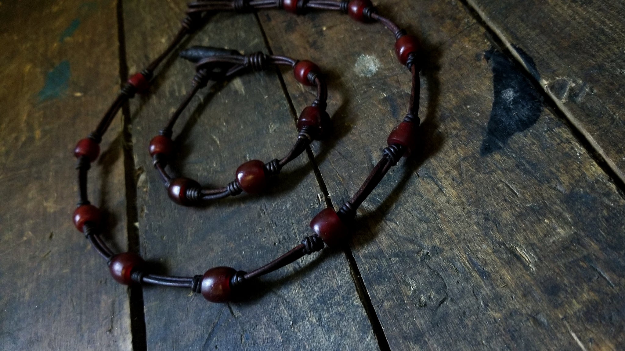 Chuma Necklace and Bracelet Set; antique chocolate brown leather cord with mahogany Brown African Trade Beads, Bison Leather Button and Loop Clasp