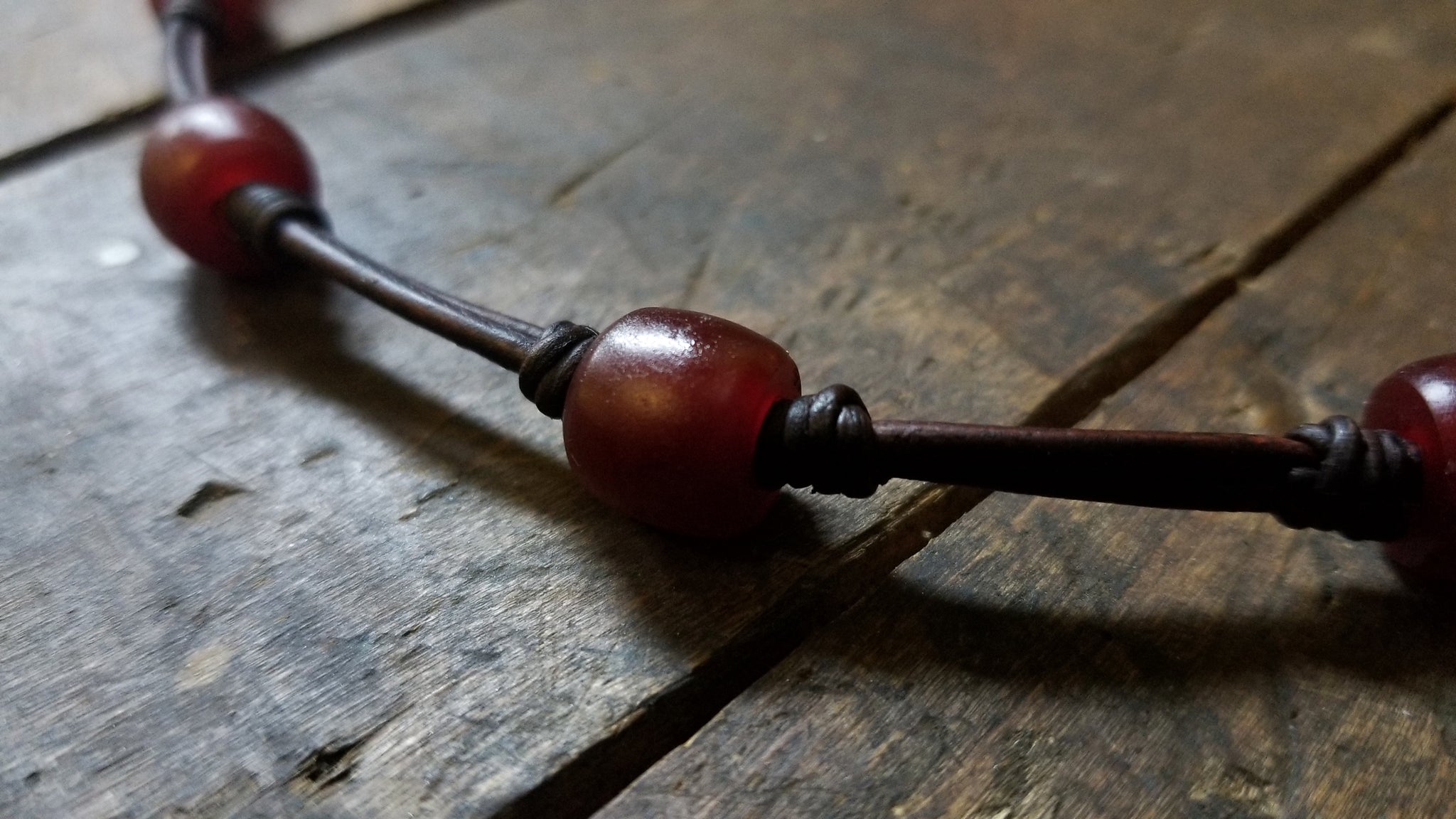 Chuma Bracelet; antique chocolate brown leather cord with mahogany Brown African Trade Beads, Bison Leather Button and Loop Clasp