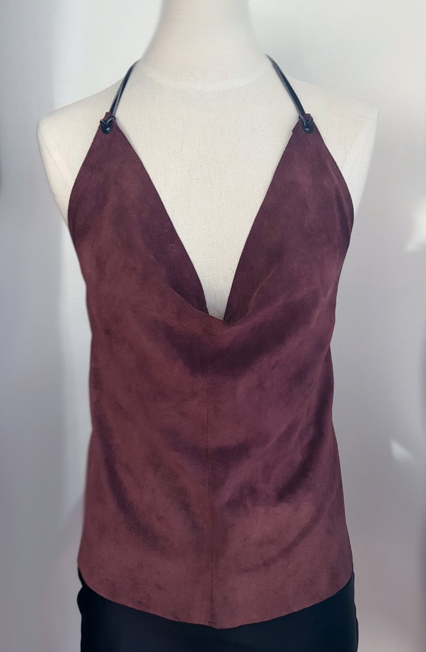 Backless Leather Halter Top - Deep Scoop Cowl Neck Suede Leather Top in the color Eggplant