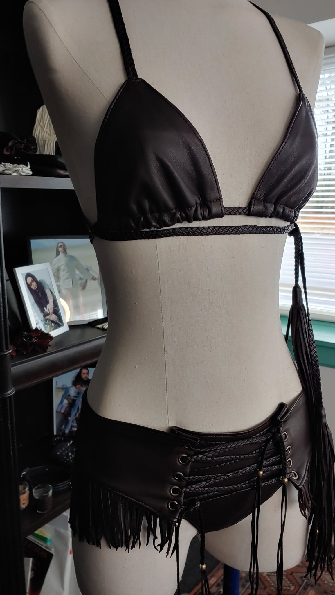 Kyra Leather Bikini Set, Fringe Booty Shorts & Bikini Top, Lace Up