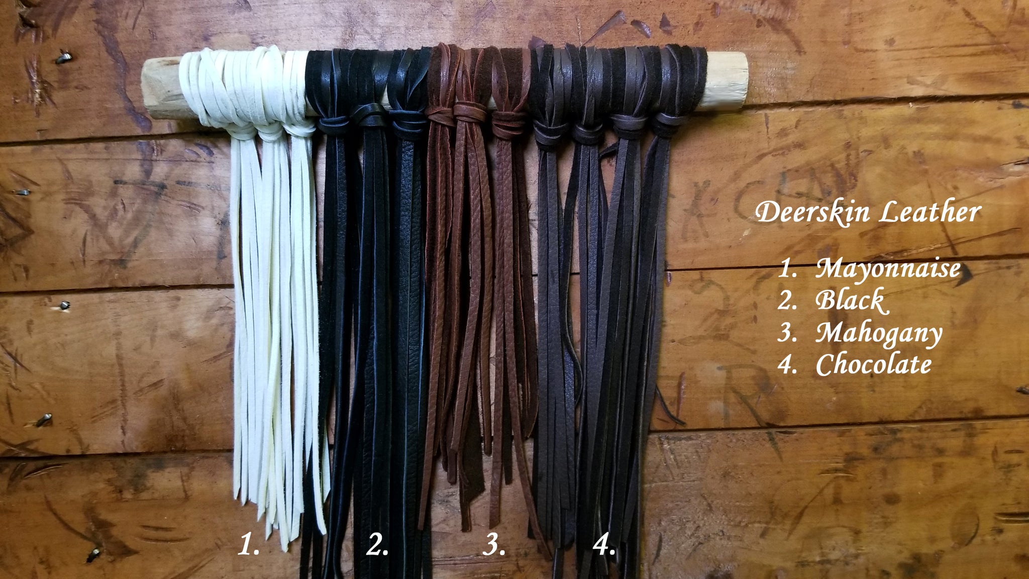 Kalani Deerskin Leather options; black, chocolate, mahogany, mayonnaise