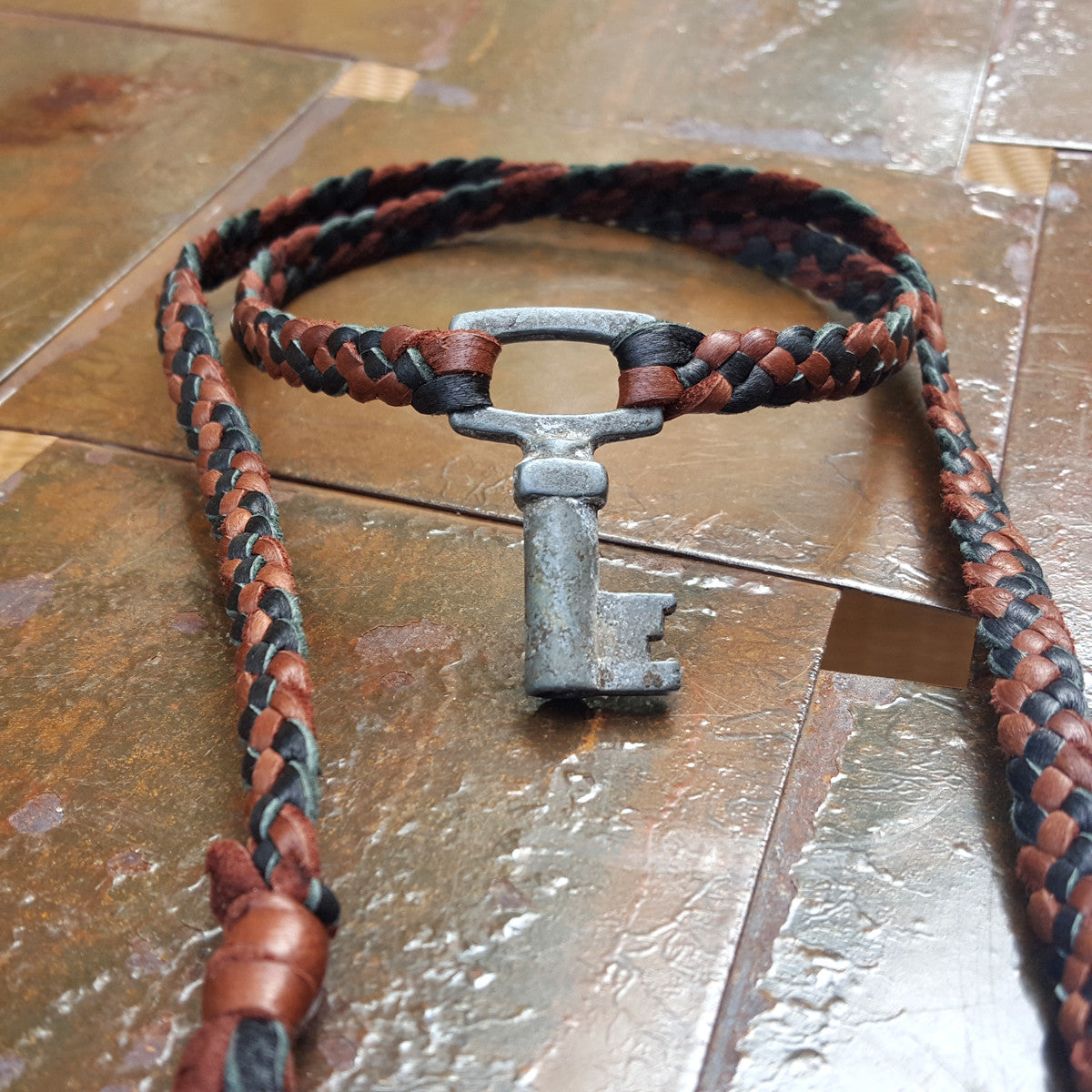 vintage french key pendant - braided leather necklace