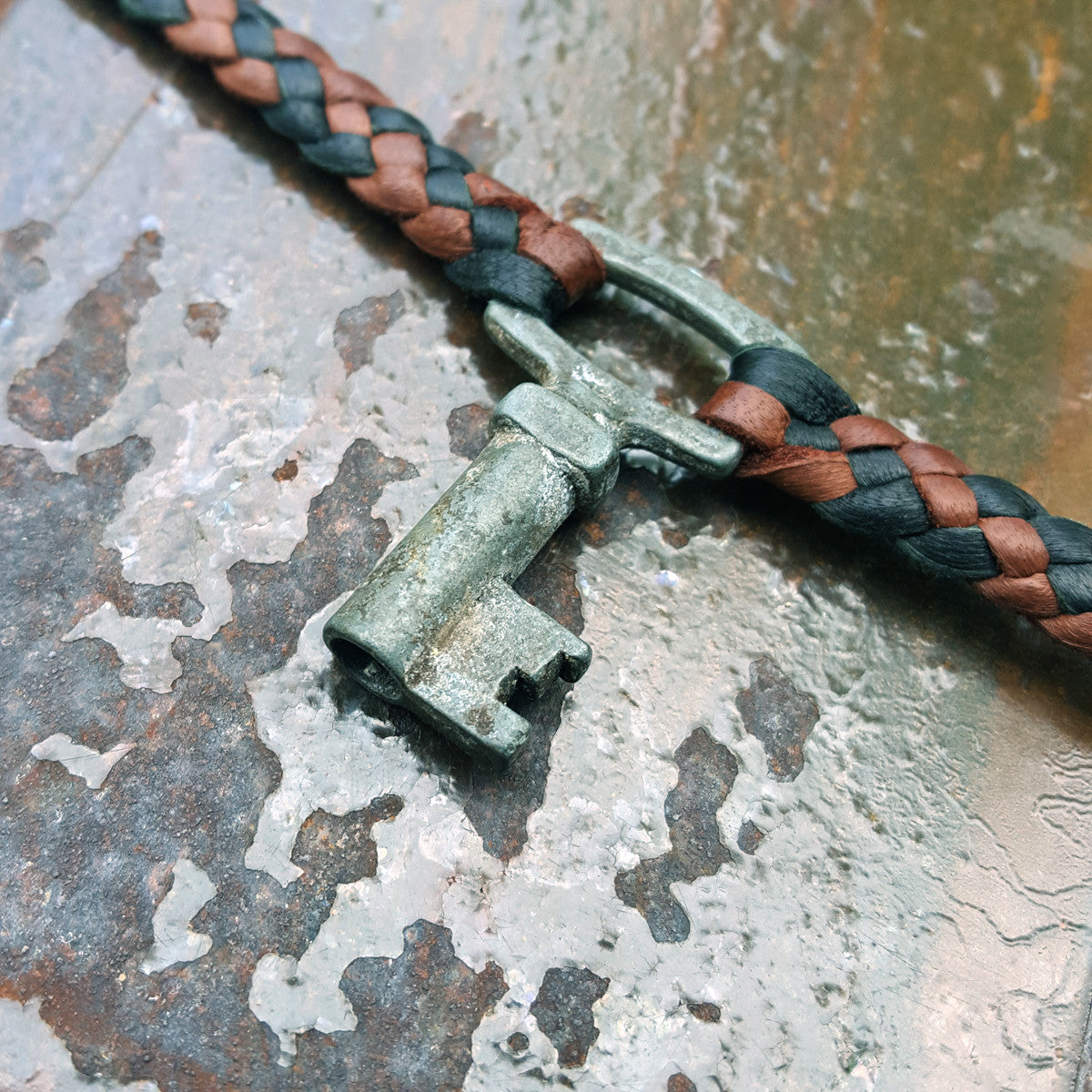 key leather necklace, braided leather necklace with vintage french key