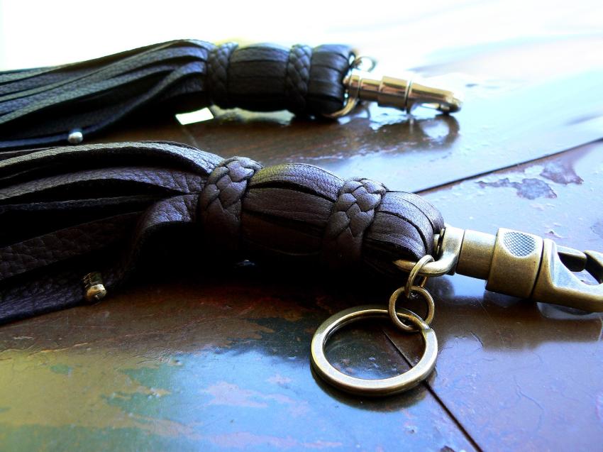 Leather Flogger Key Chain, Belt Clip & Purse Charm Chocolate and Antique Brass and Black and Silver