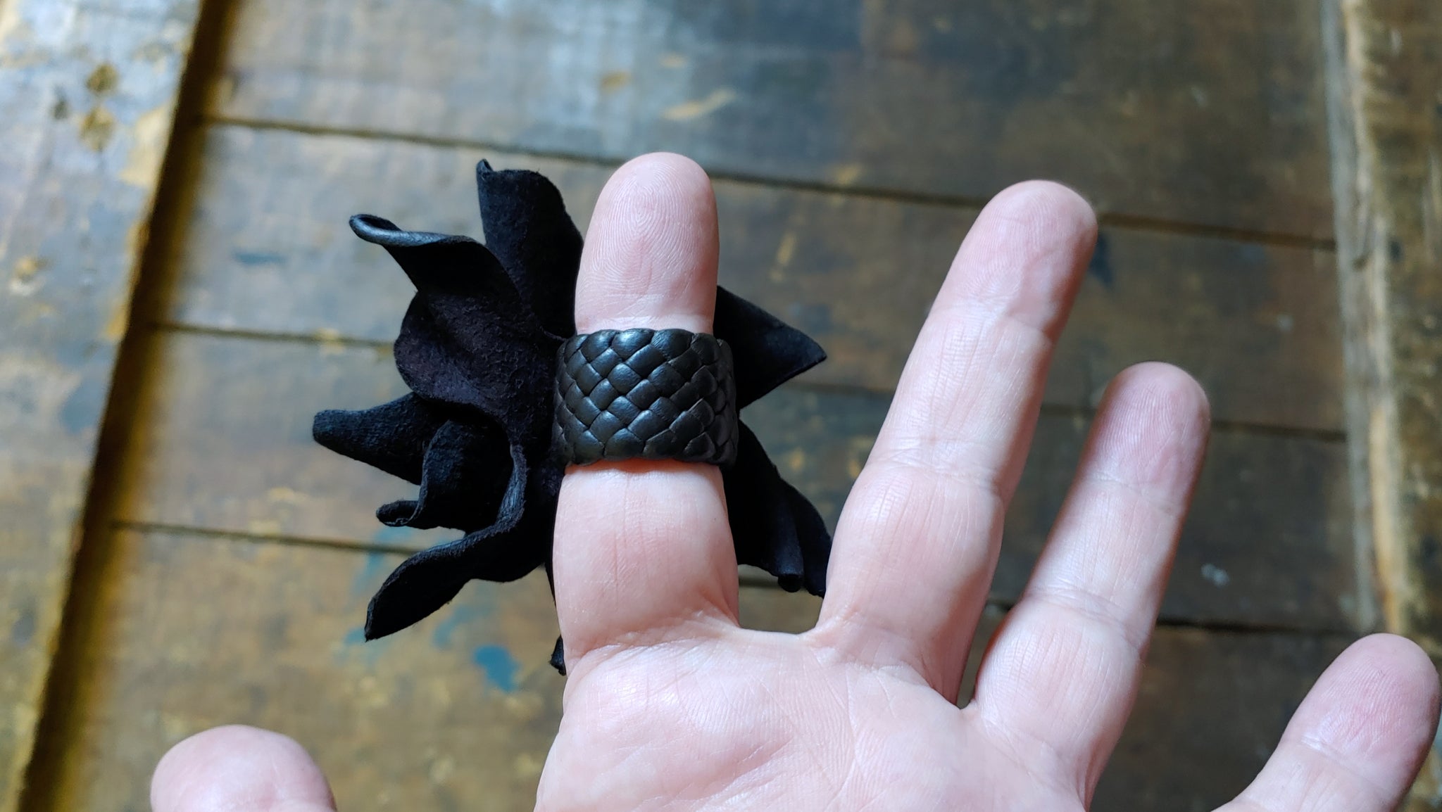 Ayana Leather Flower Ring ~ Leather Flower on a Braided Leather Band - SS1111