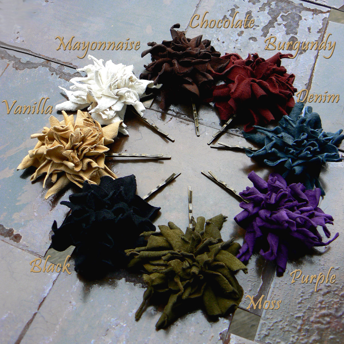 Abeba Leather Flower Bobby Pins, Hair Pins, color options