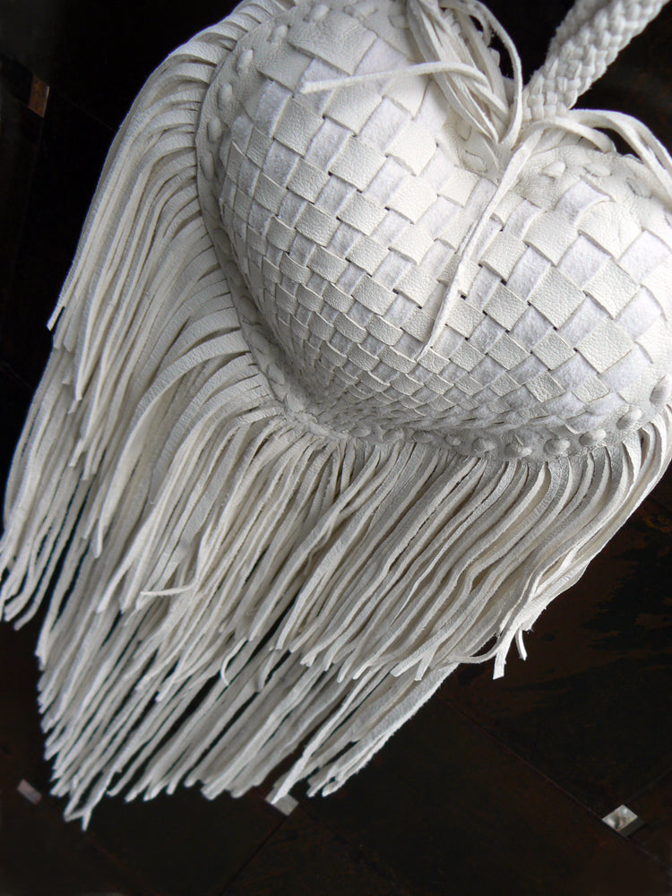 mayonnaise basketweave side on Me Dowappa Leather Hanging pillow - basketweave leather, leather flowers and fringe