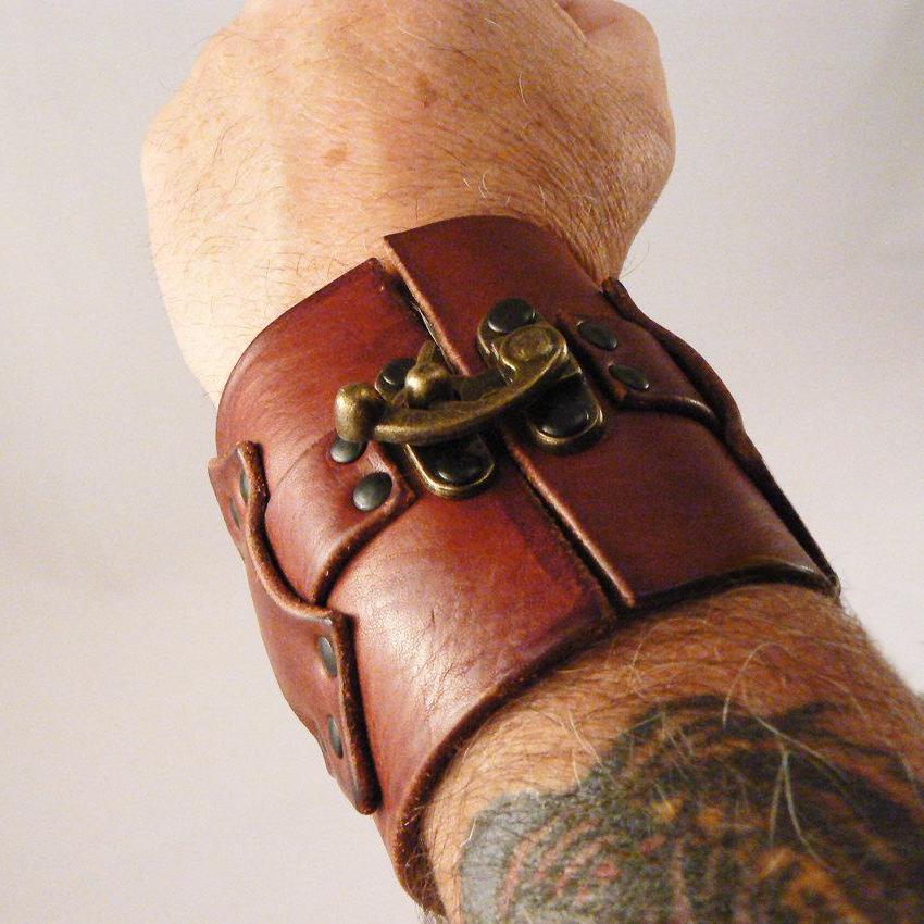 Hook Wide Leather Cuff on male model, with Hook & Latch, Tobacco Aztec Leather and Antique Brass Hardware