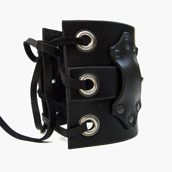 Hook Wide Leather Cuff with Hook & Latch, Black Aztec Leather and Antique Silver Hardware