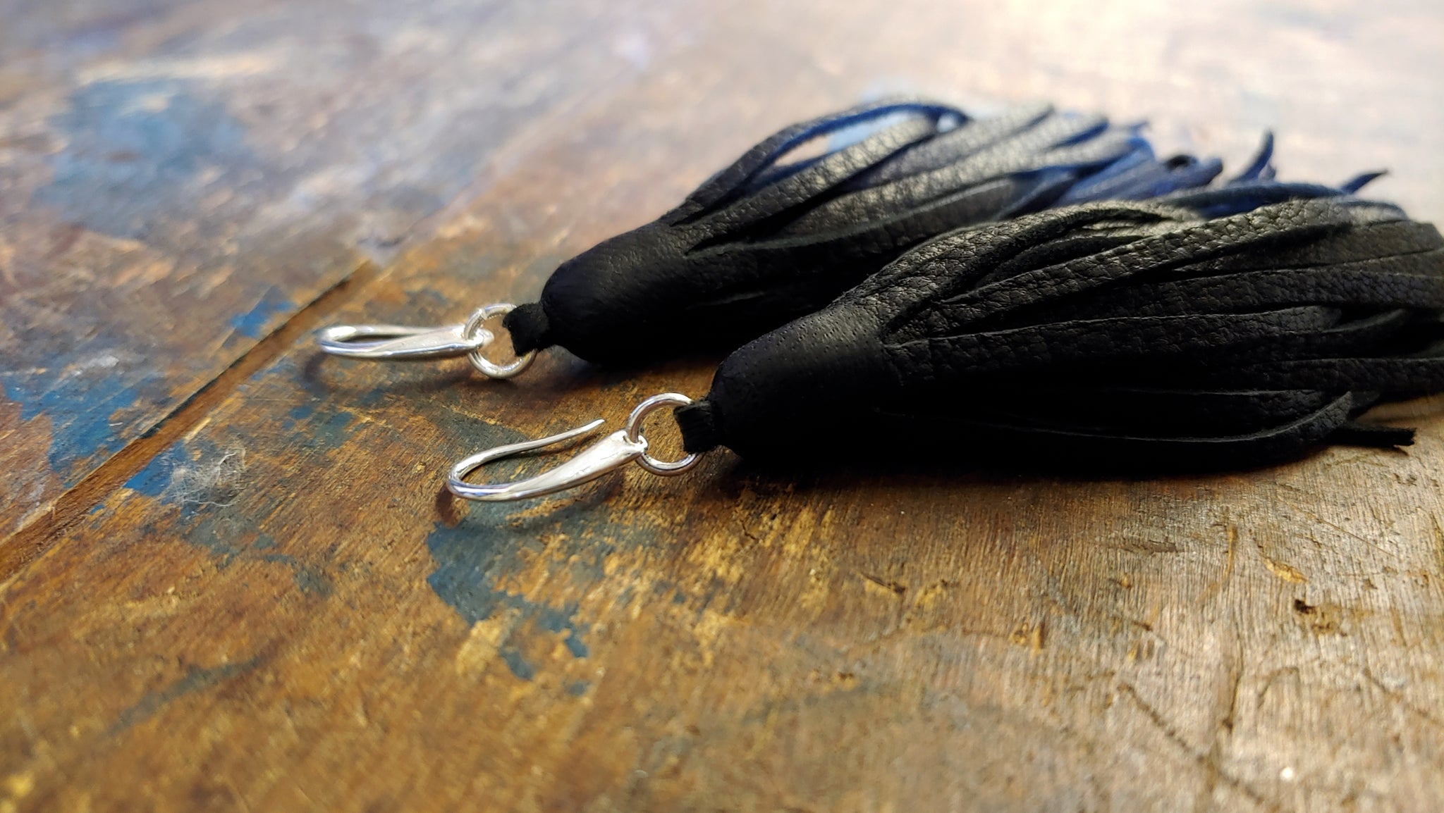 Baby Kimani Tassel Earrings in black Deerskin Leather with Silver Plated Earring Wires - Hook Style