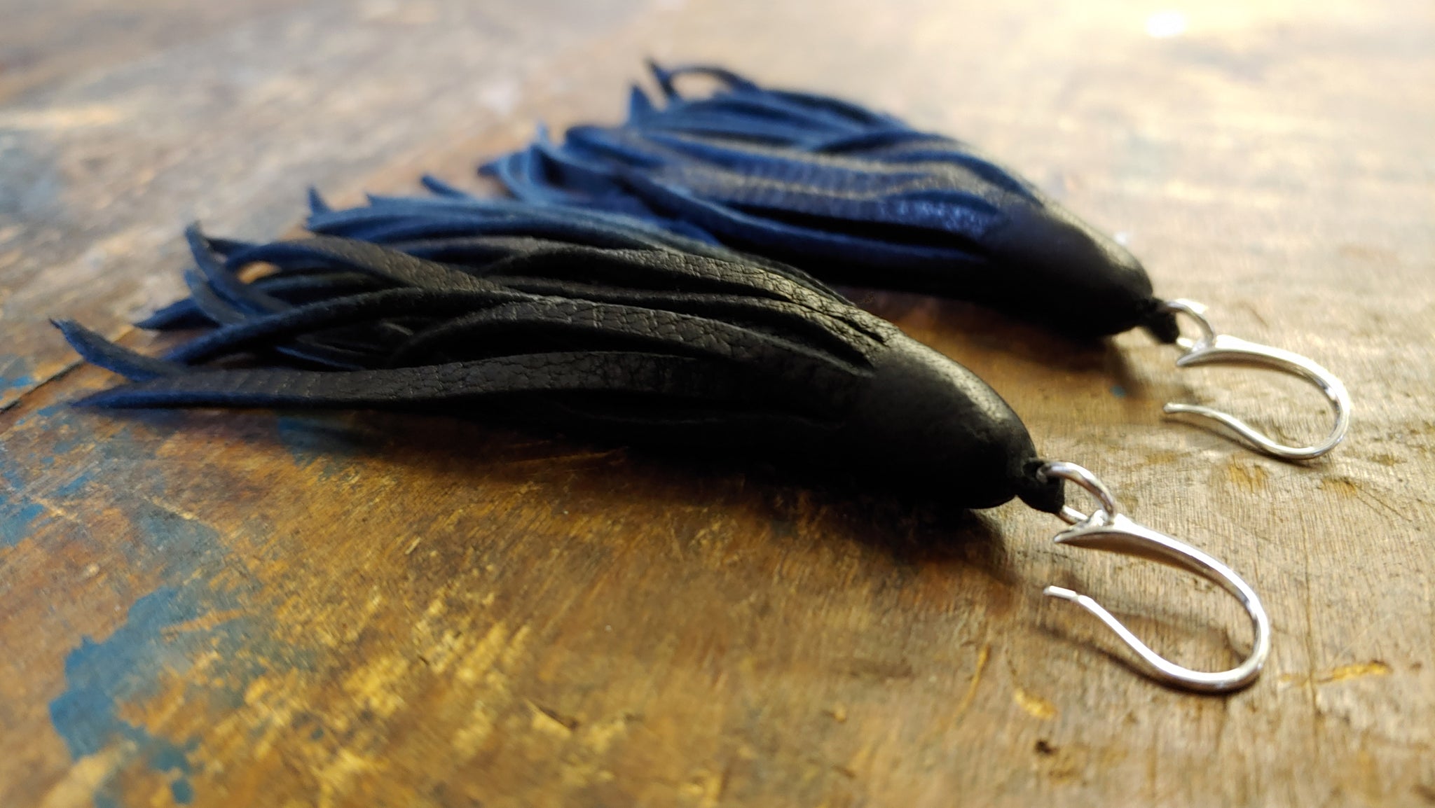 Baby Kimani Tassel Earrings in black Deerskin Leather with Silver Plated Earring Wires - Hook Style