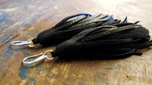 Tassel Earrings; Black Leather Fringe Earrings