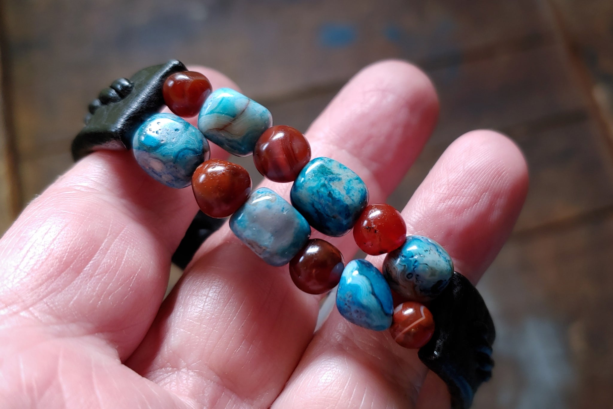 Kuende Gemstone Beaded Bracelet in Black with Blue Crazy Lace Agate  Red Carnelian Beadds