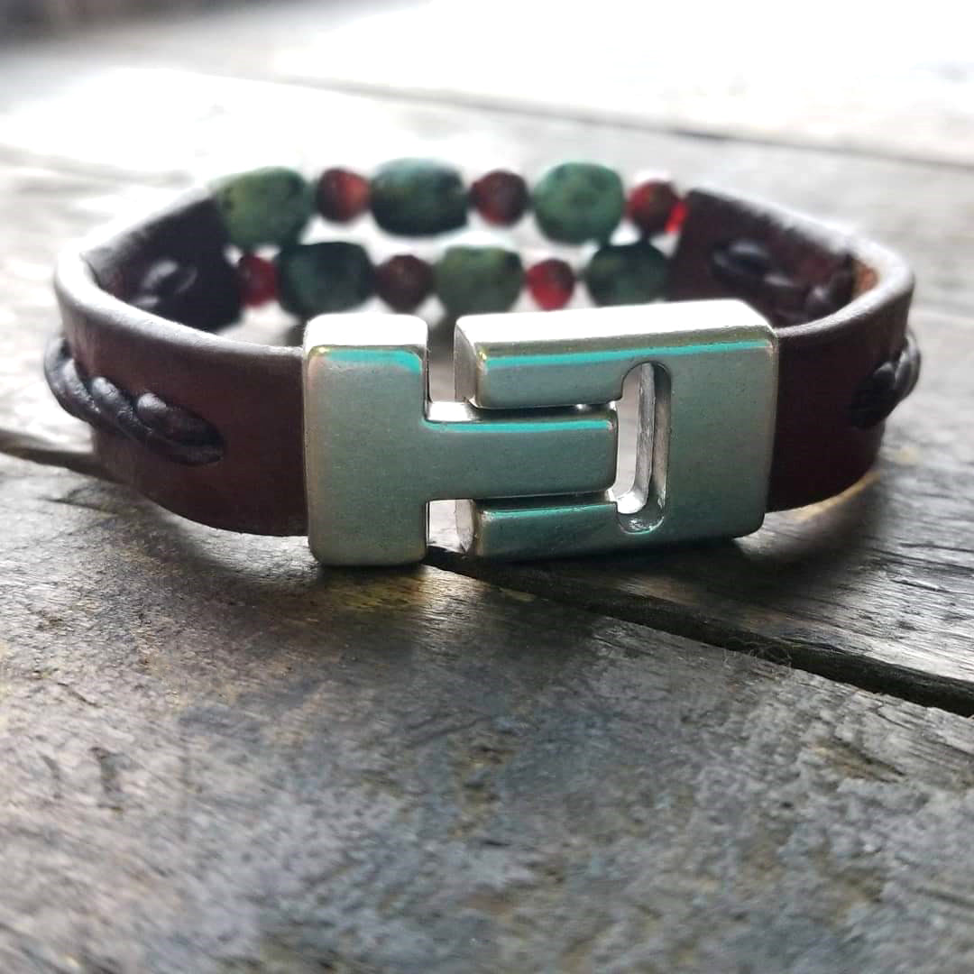 Kuende Leather Bracelet | African Turquoise & Red Carnelian Stone Braided Bracelet - S S1177