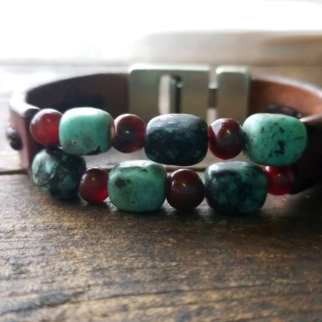 Kuende Leather Bracelet | African Turquoise & Red Carnelian Stone Braided Bracelet - S S1177