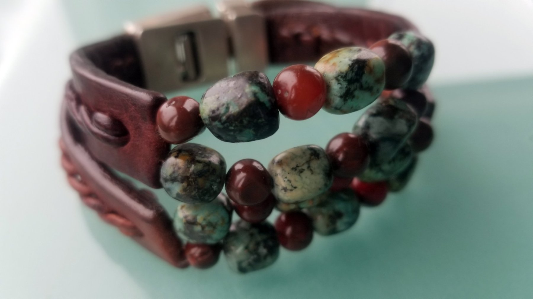 Kuende Leather Bracelet | African Turquoise & Red Carnelian Stone Braided Bracelet - Tobacco Aztec Leather (bottom) and Cognac Aztec Leather (top)